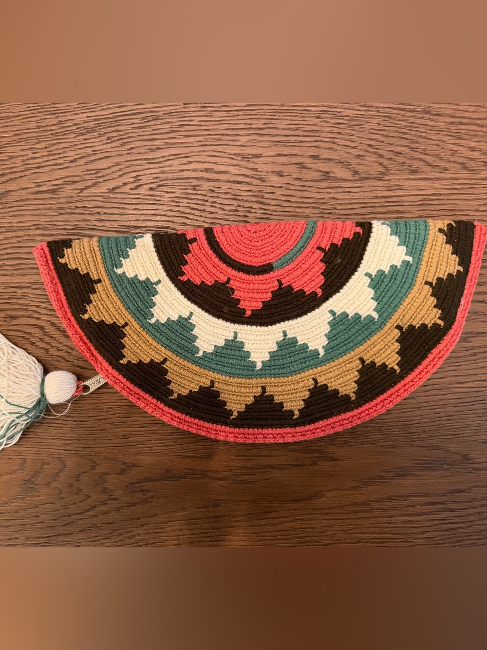 Handwoven Semi-Circle Clutch in Coral, Teal & Cream